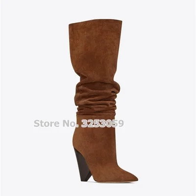 brown suede ALMUDENA/женские пикантные сапоги с высоким голенищем на шпильках, цвет бирюзовый, черный, высокие сапоги до колена, свободная обувь для сцены знаменитостей, мотоботы - Цвет: brown suede