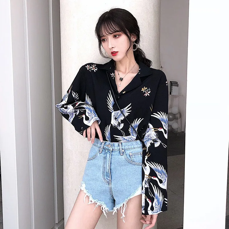 2019 Women Print Long sleeve Blouse Shirts V Neck Spring Fashion Female Top vadim shein blusas kimono harajuku befree modis | Женская
