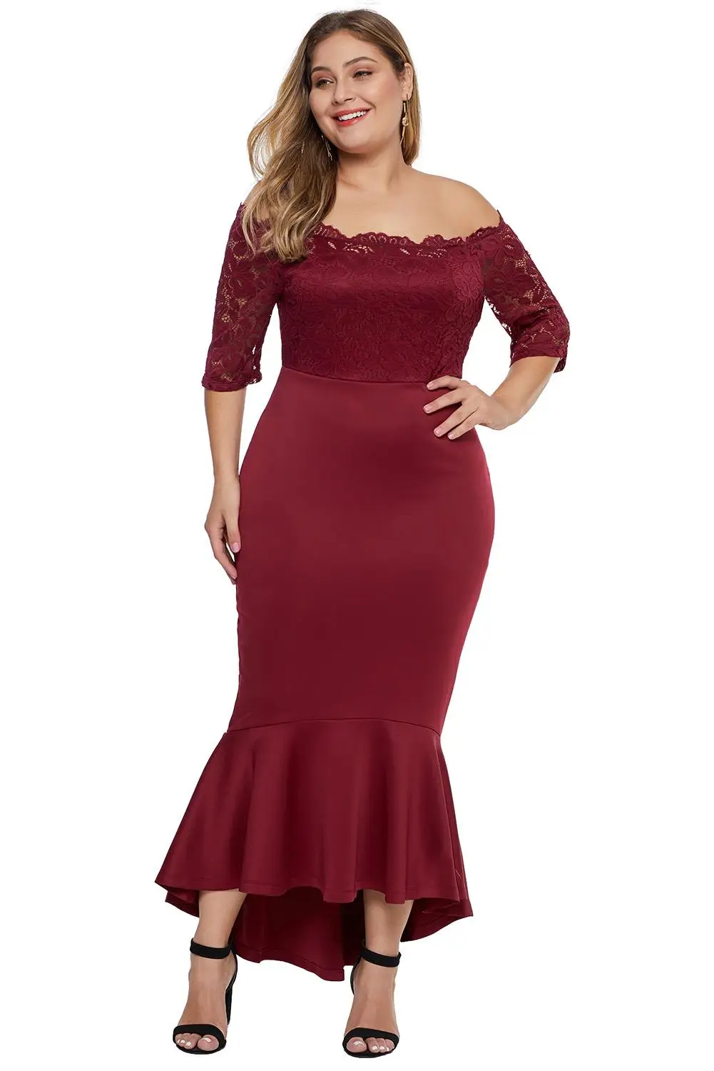 

Echoine Off Shoulder Scalloped Neckline Lace Bodice Plus Size Dress Women Summer Party Night Club Mermaid Dresses XL 2XL 5XL