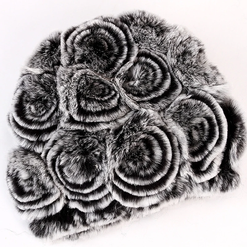 

[Rancyword] Winter Rose Flower Hat For Women Real Rex Rabbit Fur Hat High Quality Natural Fur Beanies Skullie Female HatS RC1348