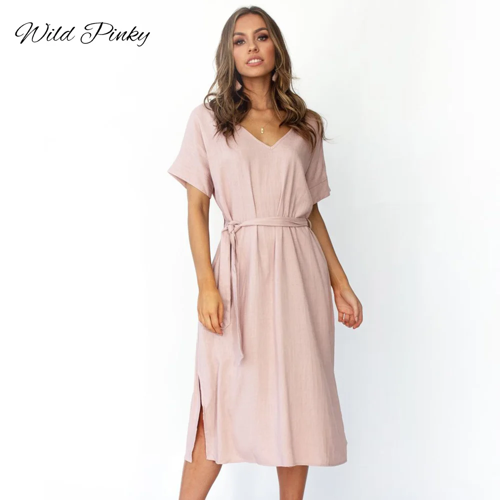 WildPinky Для женщин Повседневное линия платье V шеи сплошной Разделение летнее для