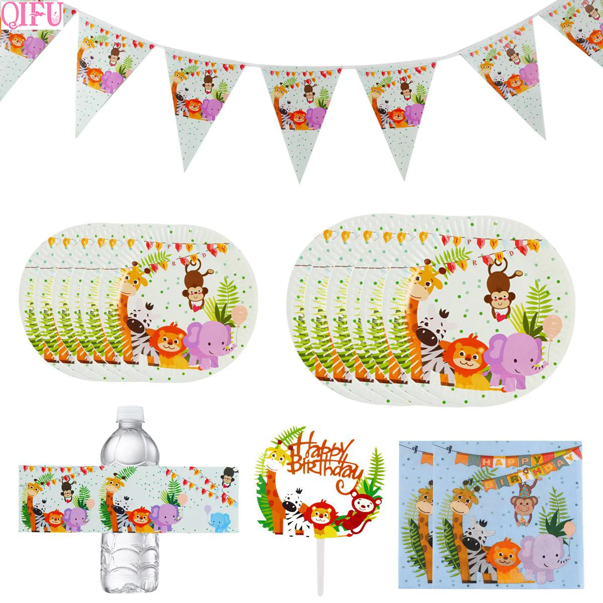 

QIFU Safari Birthday Party Decoration Jungle Party Safari Theme Party Water Bottle Stickers Plate Banner Mask Safari Party Decor