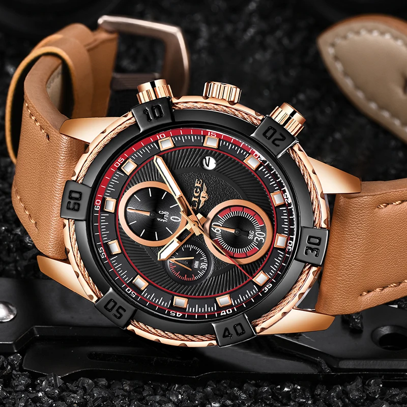 Часы LIGE мужские спортивные водонепроницаемые армейские с кожаным ремешком
