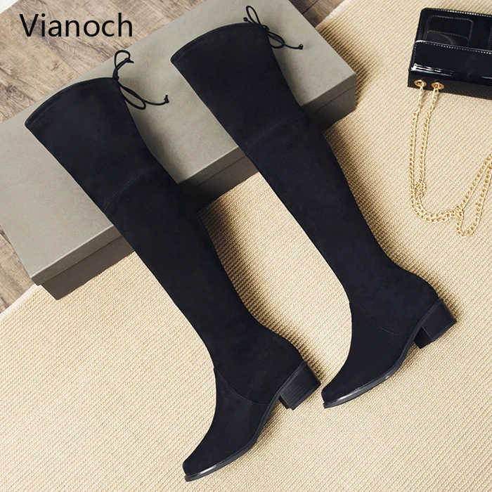 Новые модные женские сапоги Vianoch до колена эластичная ткань плоская подошва