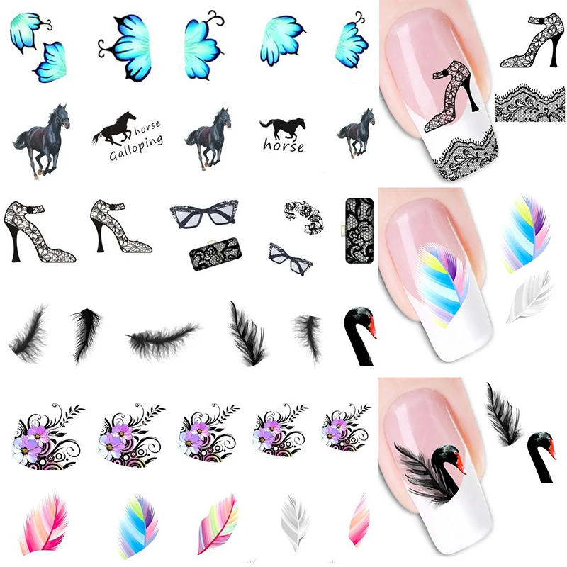 

Sale 1Sheet Flowers Girls Decal Animals Women Feather Nail Sticker Manicure Water Transfer Cartoon Nail Art Decoration