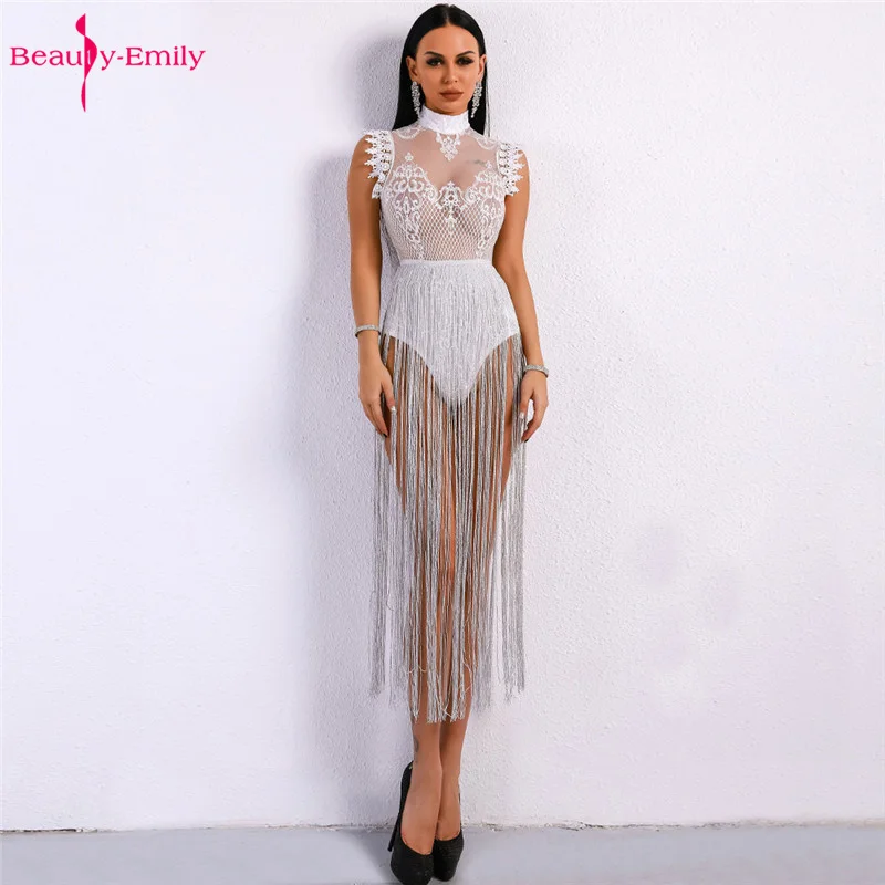 

Beauty Emily 2019 Sexy Hollow Lace Tight Jumpsuit Tassel Sleeveless Open Back Net High Neck Rompers