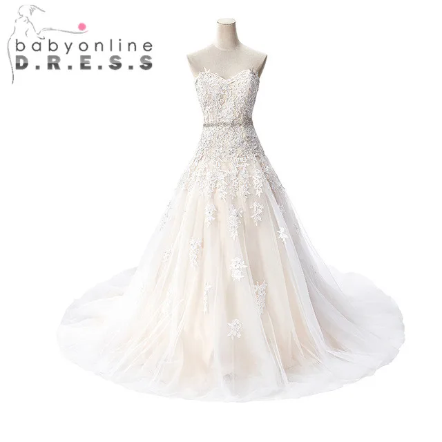 Тюль Аппликации Из Бисера Свадебные Платья 2017 Line Милая Босоножки Novia Суд Поезд