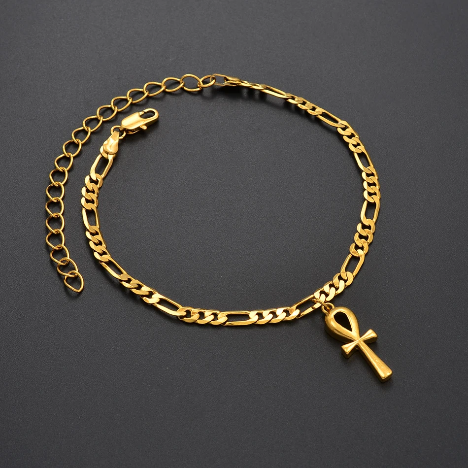 

Anniyo Egyptian Ankh Cross Anklet for Woman Gold Color African Charms Foot Jewelry Girls Egypt Hieroglyphs,Crux Ansata #215006