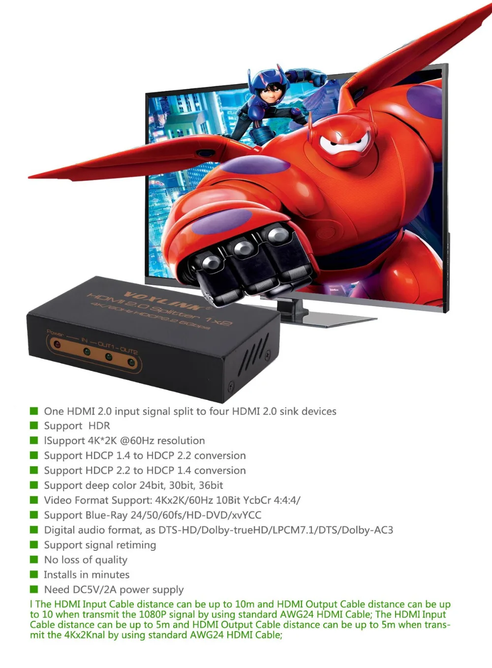 Voxlink HDMI 2.0 Splitter 1x2 1080 P 4 К x 2 К/60 Гц Switcher 1 в из Поддержка hdcp2.2 3D для ПК DVD stb|splitter 1x2|hdmi