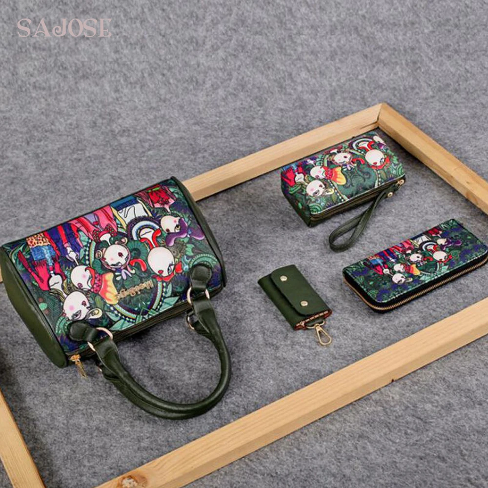 

Women's Composite Bags Ladies Green Character Leather Handbag Fashion Cartoon Green Forest Casual Tote Shoulder Key Bag 6pc/set