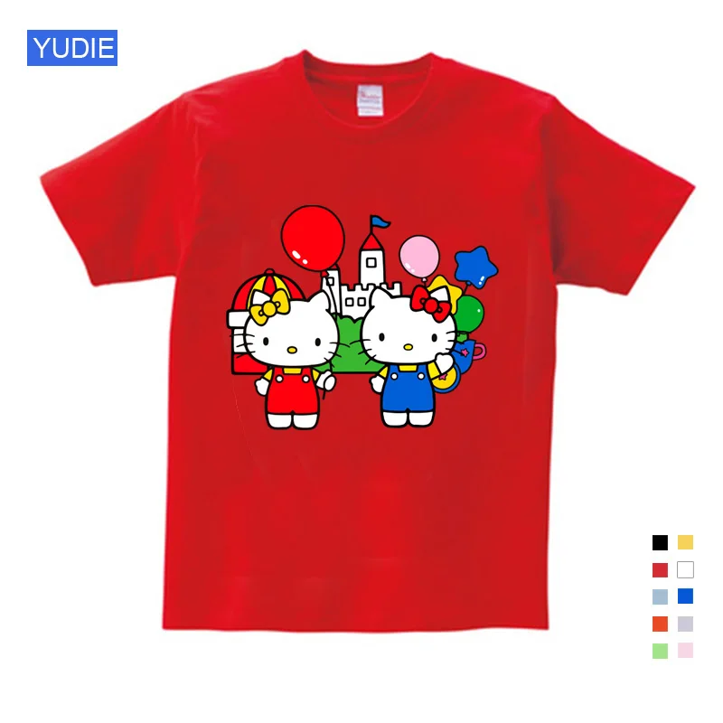 T-shirt7 Летняя Новинка; милая Повседневная Свободная футболка в стиле панк с принтом «hello kitty»; большие размеры; топы для мальчиков и девочек - Цвет: T-shirt7