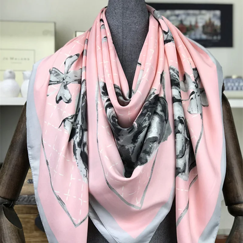 

Женский Шелковый платок KOI LEAPING в западном стиле, 130 Шелковый платок с принтом камелии, большой головной платок, Солнцезащитный платок, подар...