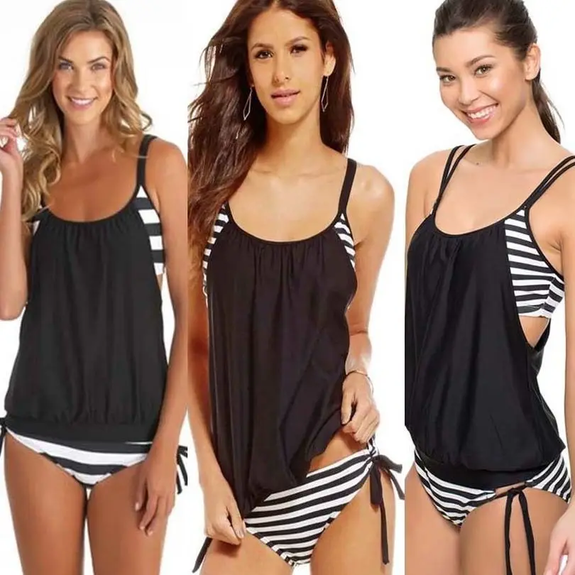 Купальники женские в полоску Выстроились Двойной Топ Танкини maillot de bain купальный