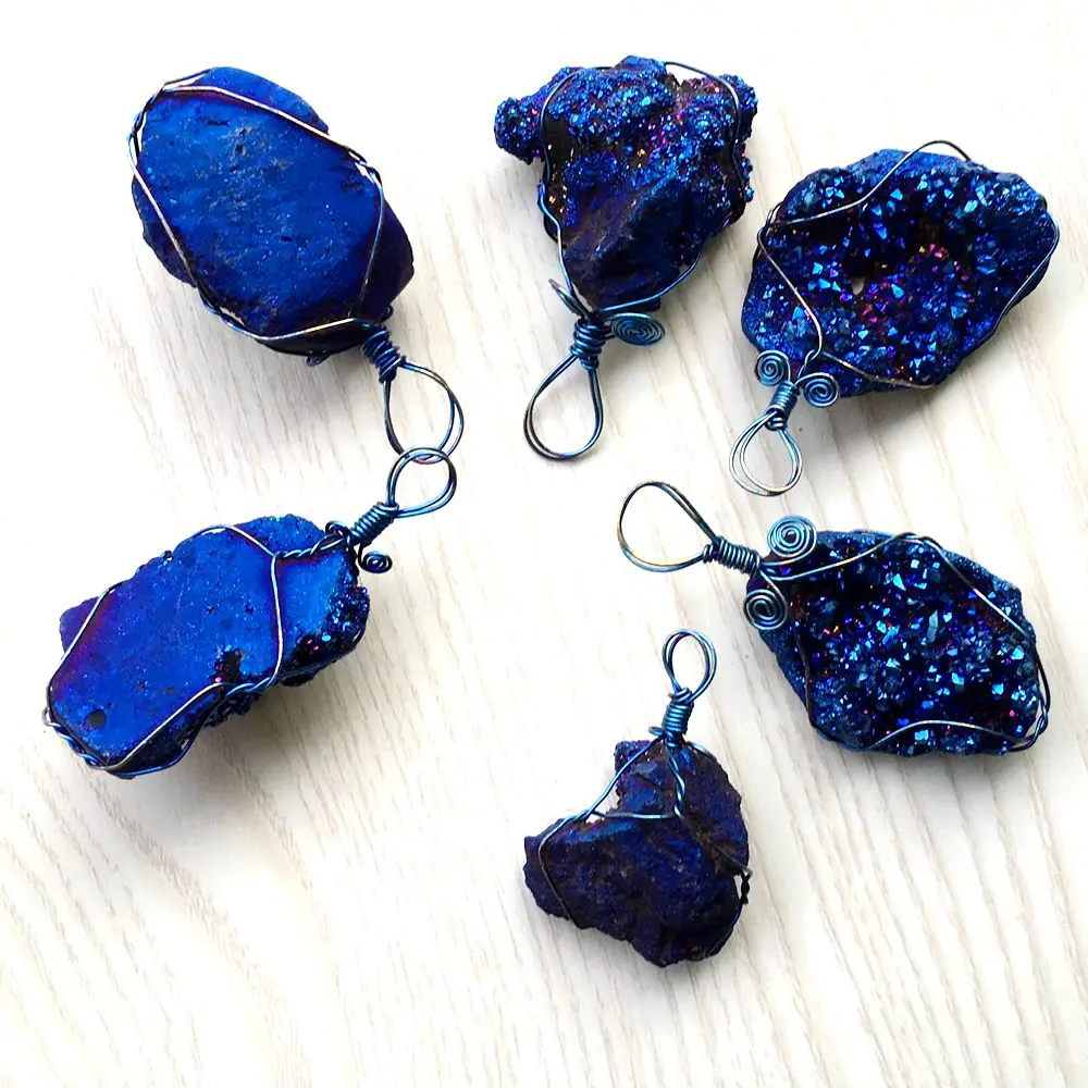 Натуральный chram кулон agates Druzy в форме пещеры RainbowTitanium кристалл кулон кристалл драгоценный камень Подвески синий цвет для женщин или мужчин ювелирные изделия