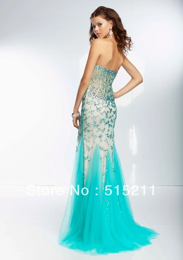 Luxury Beaded Sweetheart See Through Corset Side Slit Ice Blue Champagne Mermaid Prom Dresses Pageant Gowns 2014 New Arrival | Свадьбы и