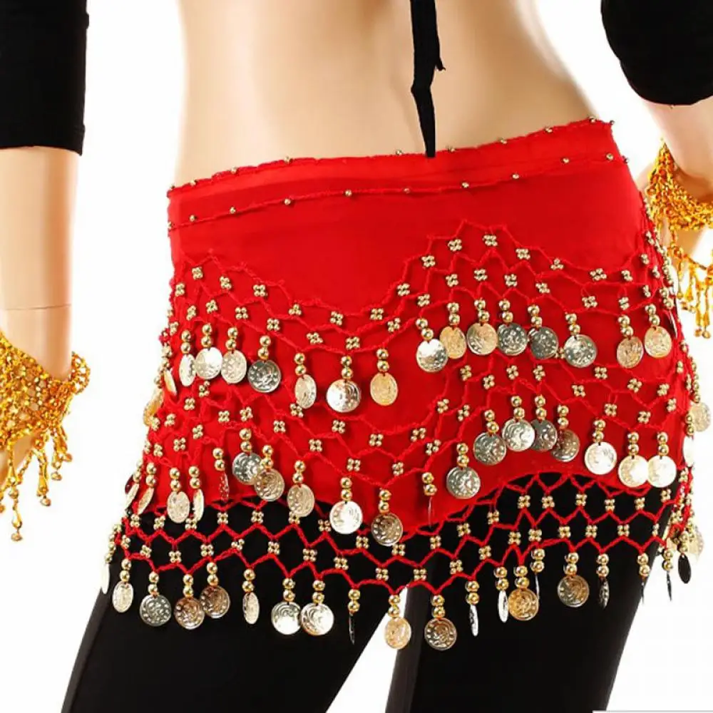 

1 pc Cute Belly Dance Hip Chiffon Skirt Scarf Wrap Belt Skirts With Golden Coins in 3 Rows dancing accessories