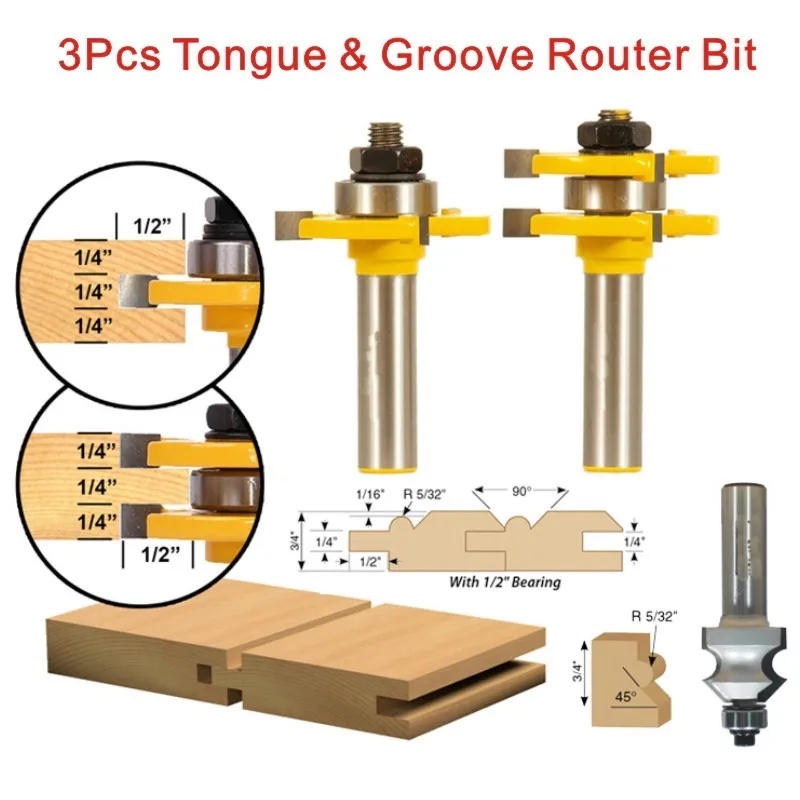 Набор фрез Язык и паз 3 шт. 1/2 дюйма хвостовик зубца Т образный фрезерный нож для
