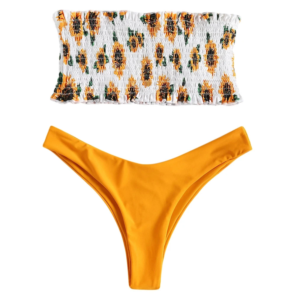 2018 без бретелек Бикини с буфами комплект Shirred купальник подсолнухом Bandeau