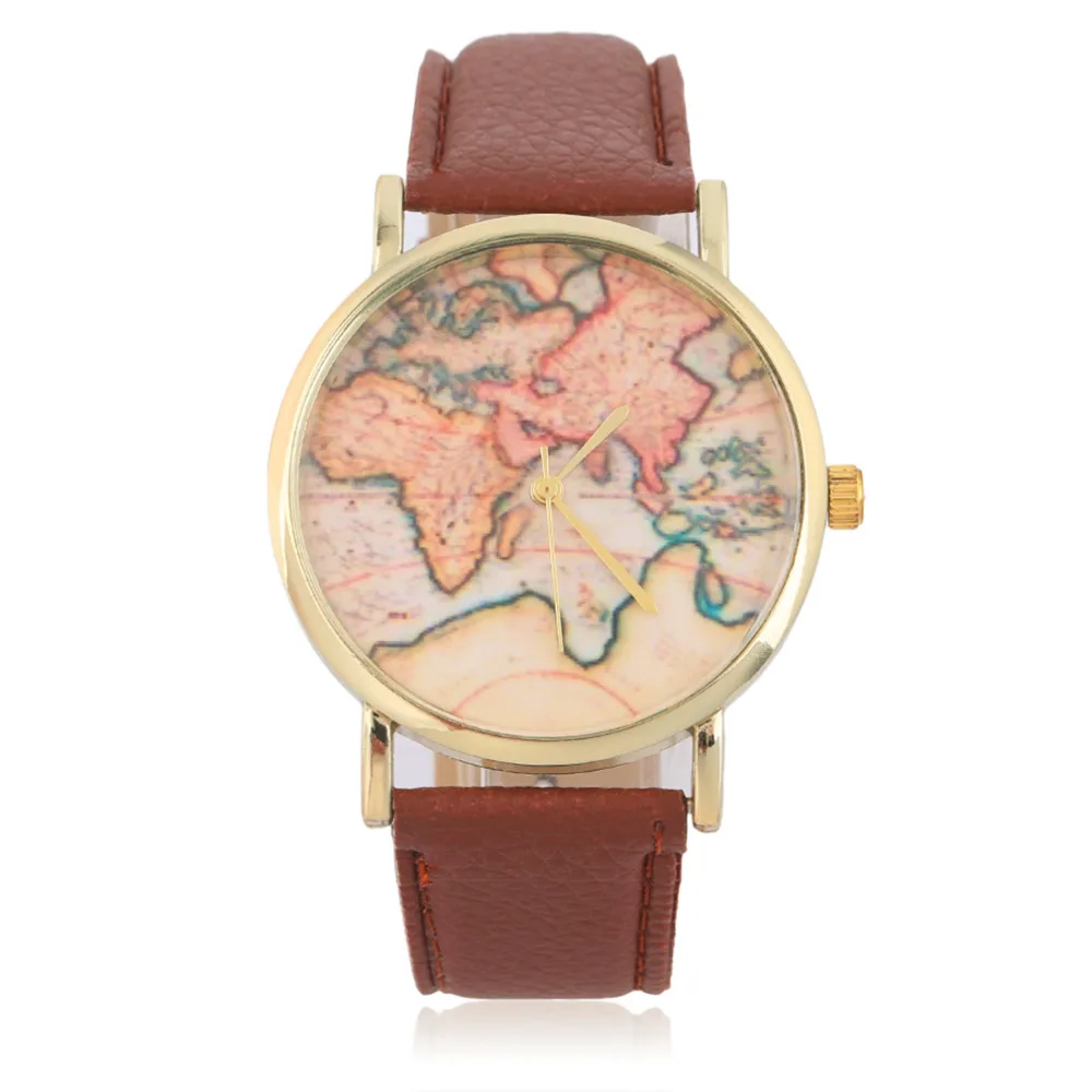 Модные стильные женские часы с рисунком карты мира кварцевые наручные