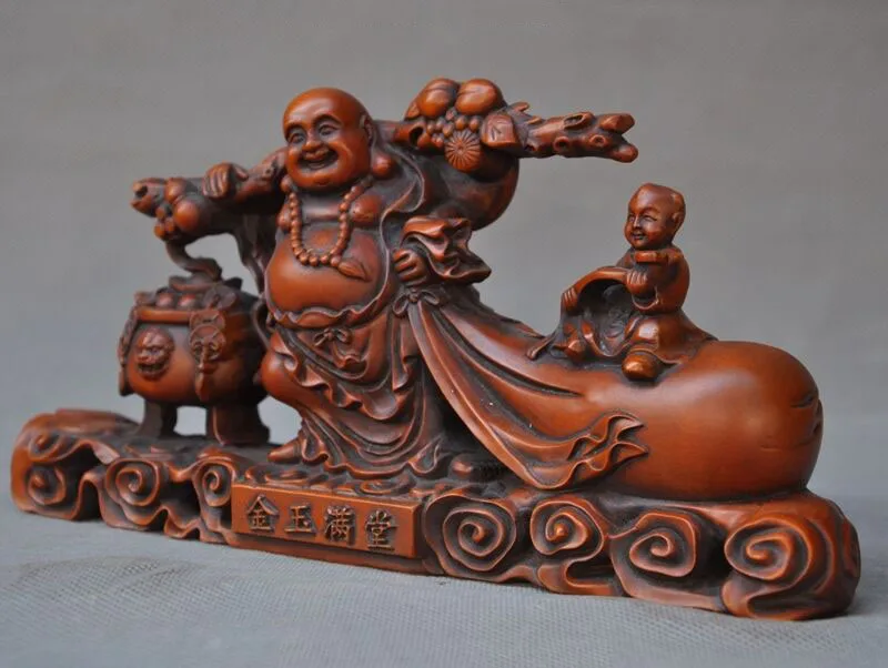 

wedding decoration Chinese Buddhism Old Boxwood Carved Money Coins Boy Ruyi Maitreya Buddha Statue
