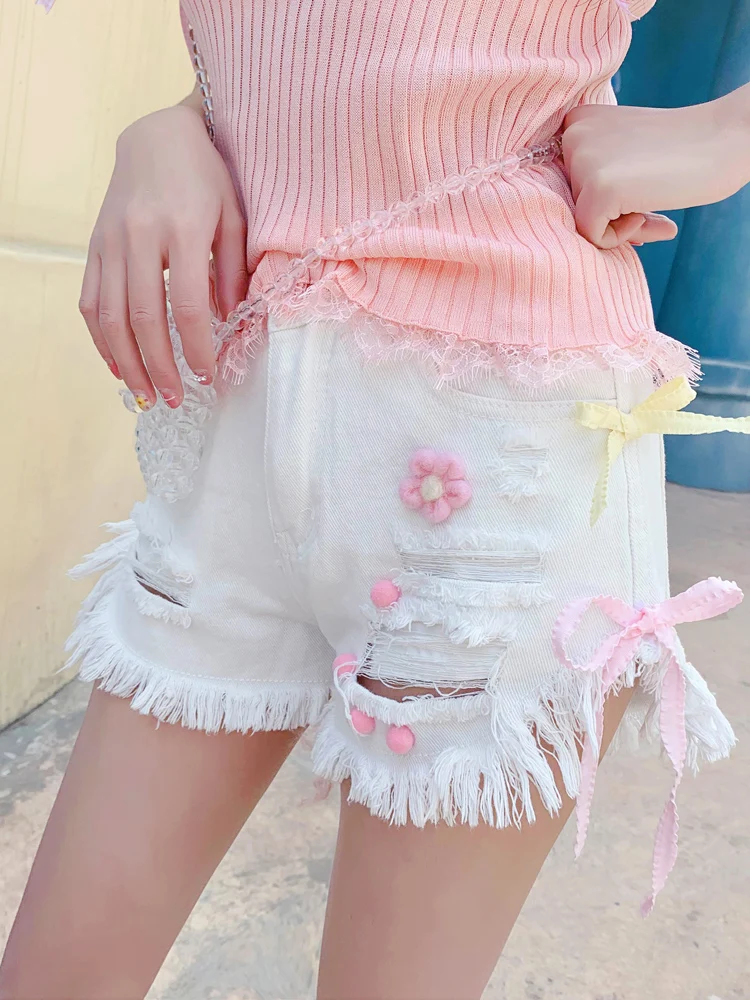 Летние джинсовые шорты Kawaii Junior, женские корейские шорты с дырочками, розовые, белые джинсы с бантом, Женские повседневные шорты с дырками