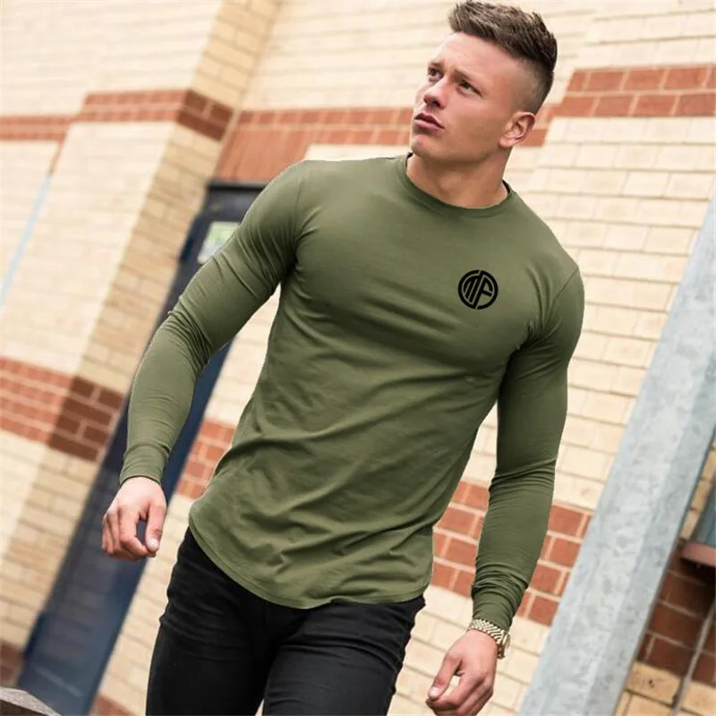 New 2021 Autumn Fashion Men's T Shirt Casual Sportswear Long Sleeve Mens Gyms Clothing Curved hem Fitness Slim Fit Tees | Мужская