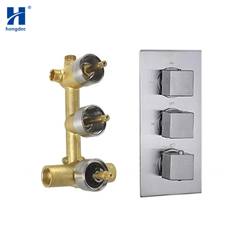 

Hongdec Square 3 Handle Anti Scald Brass Thermostatic Shower Mixer Valve Brushed Nickel