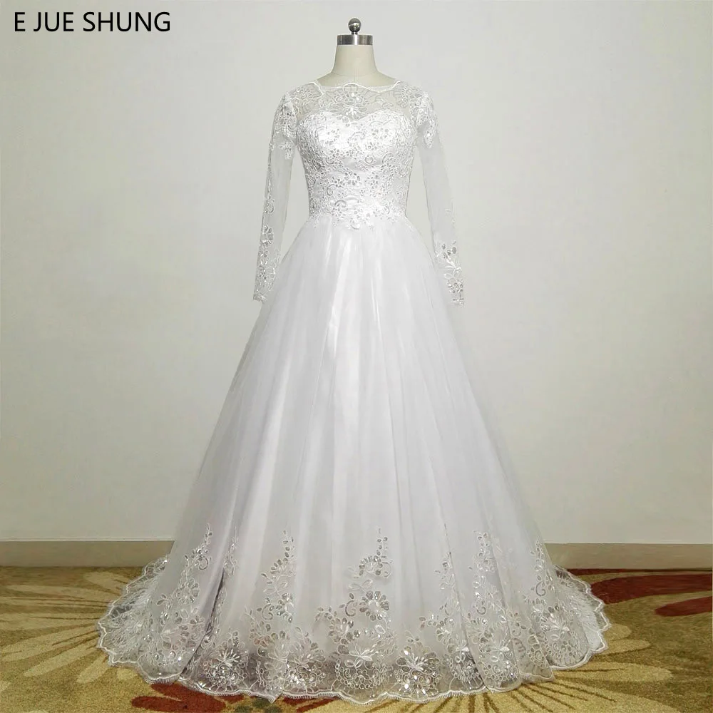 

E JUE SHUNG White Shinny Lace Appliques Cheap Wedding Dresses 2018 Long Sleeves Ball Gown Bridal Dress robe de mariee brautkleid