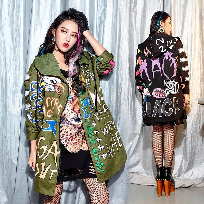 Пламя Печати Письма Граффити Пальто С Капюшоном Хлопка Траншеи Женщина Casaco Весна