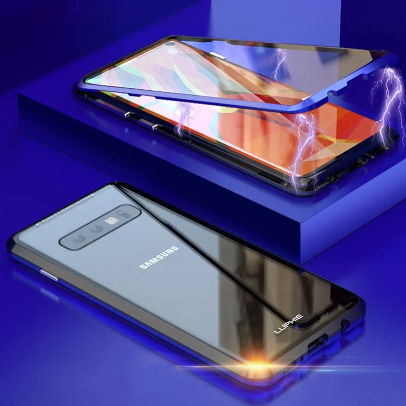 Black Blue Tongdaytech закаленное стекло с магнитом чехол для samsung Galaxy S10 Plus 360 чехол s двухстороннее стекло металлический чехол для S8 S9 Plus Note 9 - Цвет: Black Blue
