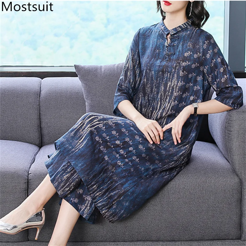 Xl-6xl, летние, синие, с принтом, винтажные, 2 предмета, женские, плюс размер, Длинные Блузки и широкие штаны, костюмы, модные, элегантные, для женщин, s