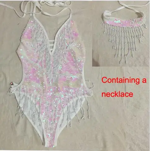 Containing a necklac Боди с открытой спиной и блестками, Женский облегающий белый комбинезон, сексуальный боди с кисточками, feminino, элегантная пляжная одежда, macacao feminino - Цвет: Containing a necklac