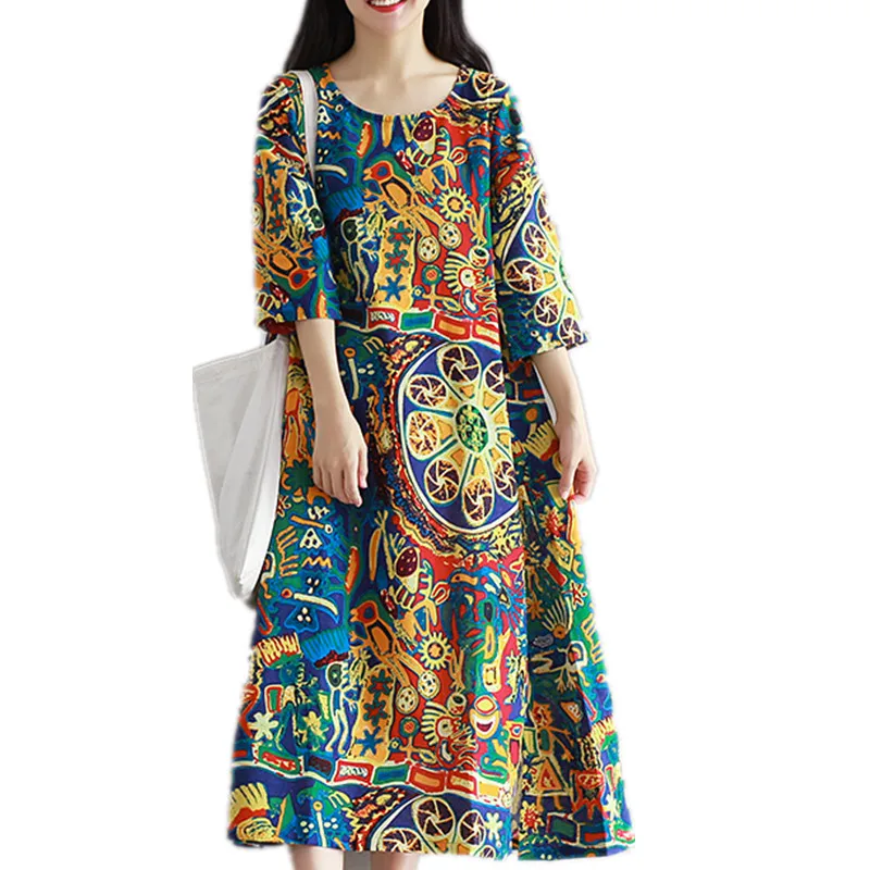 Женское длинное платье из хлопка и льна с длинным рукавом|spring long dresses|plus size summer