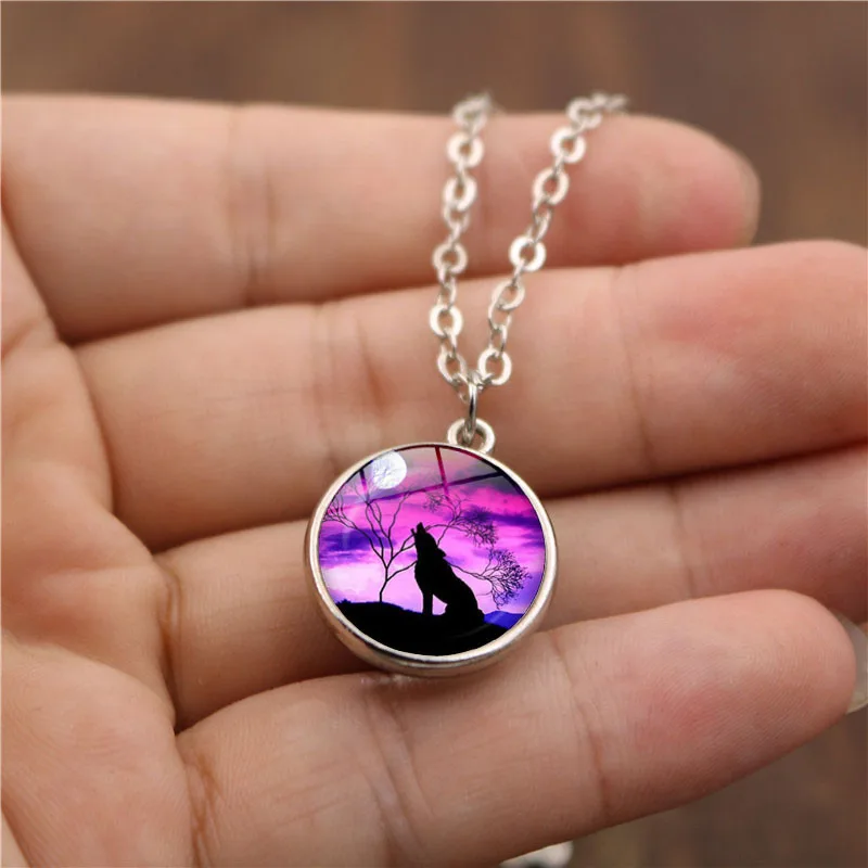 XUSHUI XJ Creative Double Sided Glass Ball Pendant Howling Wolf and Moon Necklace Chain Women Vintage Jewelry Christmas Gifts | Украшения и