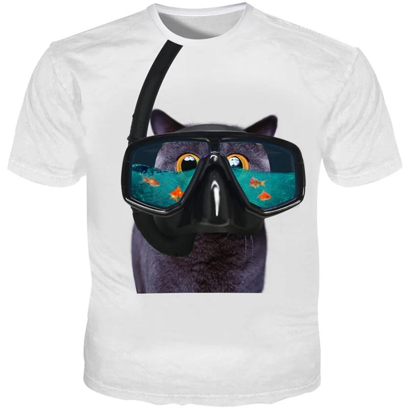 Cloudstyle 2021 New Design Funny Goggles Cat T-shirt Men 3D Printed Short Sleeves tshirt Cute Animal T Shirt Male Streetwear 5XL | Мужская