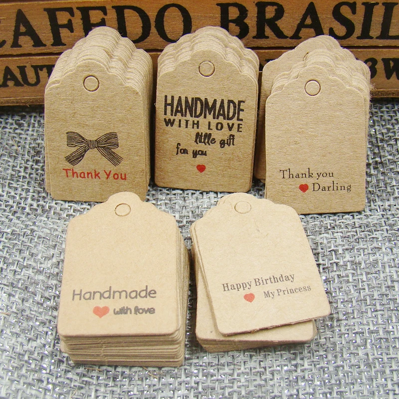 500pcs per lot various scallop paper gift tag brown jewelry products thank you tagging white handmade with love label | Дом и сад