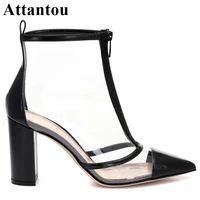 fashion run way designertransparent pvc block heeled ankle boots woman pointed toe front zipper mixed color high heel party shoe