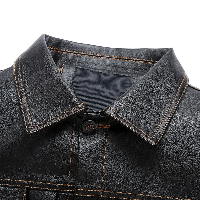 Мужская кожаная куртка 2020 модная зимняя с отворотом и несколькими карманами из