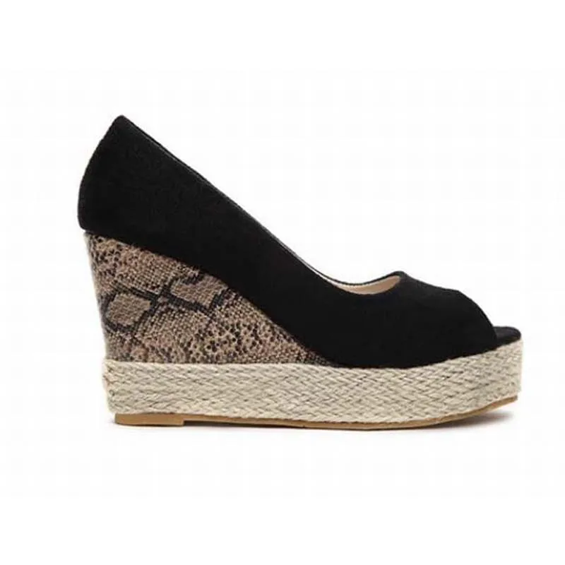 

new 2016 hot sale fashion snake wedges high heels peep toe pumps hemp women platform open toe flock ladies spring summer shoes