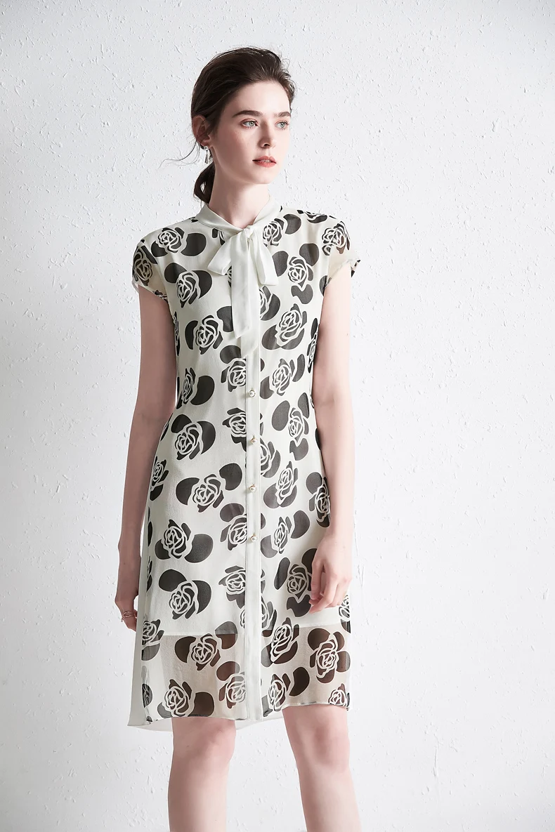 Женское платье с бантом повседневное летнее из 100% шелка коротким рукавом и