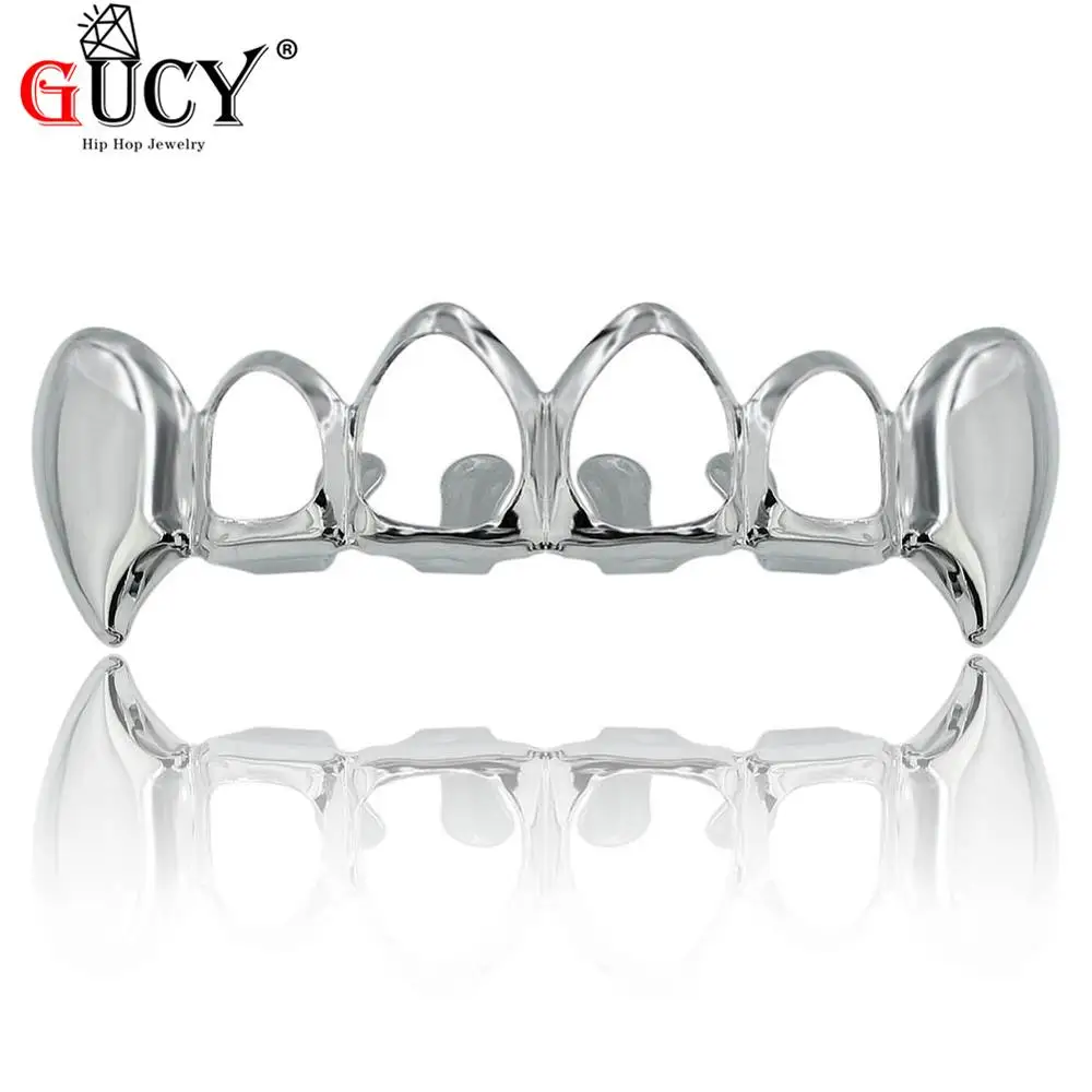 Silver Top GUCY Custom Fit из чистого золота с покрытием Зубы вампира Четыре Полые Открытый лицо золотые рот GRILLZ шапки Топ и низ хип-хоп гриль набор - Окраска металла: Silver Top