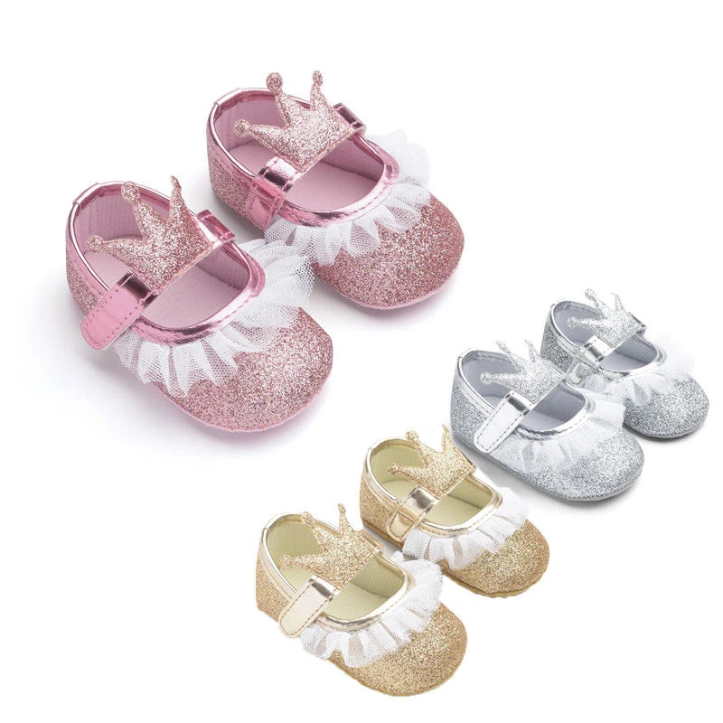 

Newborn Baby Girl Party Princess Bling Shoes Lace Crown Glitter Crib Shoes Bebe Cute Prewalker Anti-slip Soft Sole Sneakers Shoe
