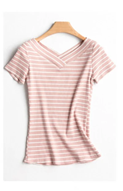 Shintimes Poleras Mujer, женская футболка с коротким рукавом, женская футболка, летние топы, футболка из хлопка, модная полосатая футболка для женщин - Цвет: pink t shirt