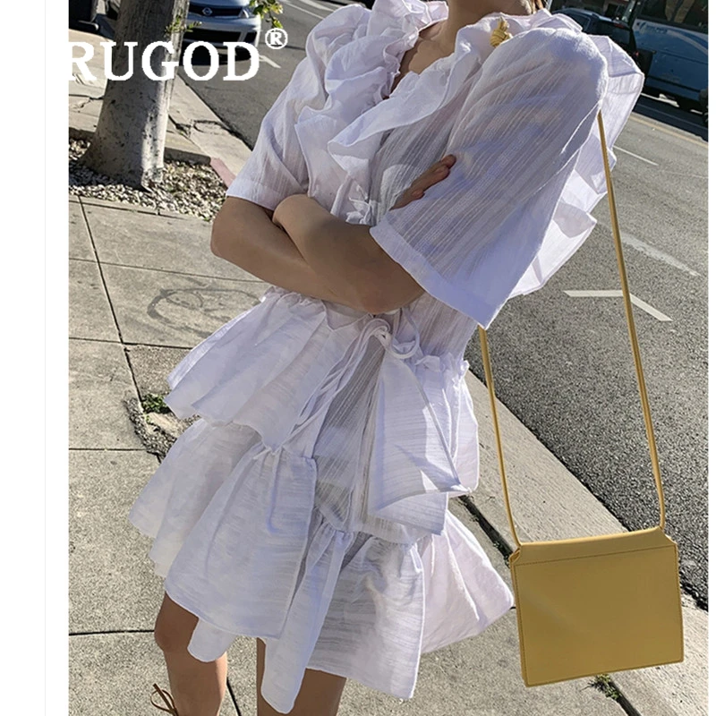 RUGOD корейское белое кружевное женское платье с оборками Элегантное летнее