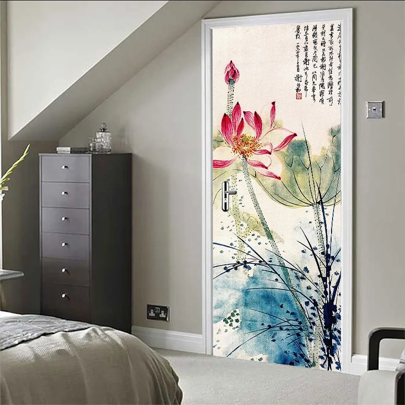 Ручная роспись в виде лотоса наклейка на дверь 3d украшение для дома настенная