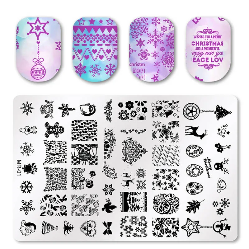 

1 шт. прямоугольник рождество пластины для штамповки ногтей Снежинка Маникюр Шаблон фестиваль Новый год трафарет для ногтей