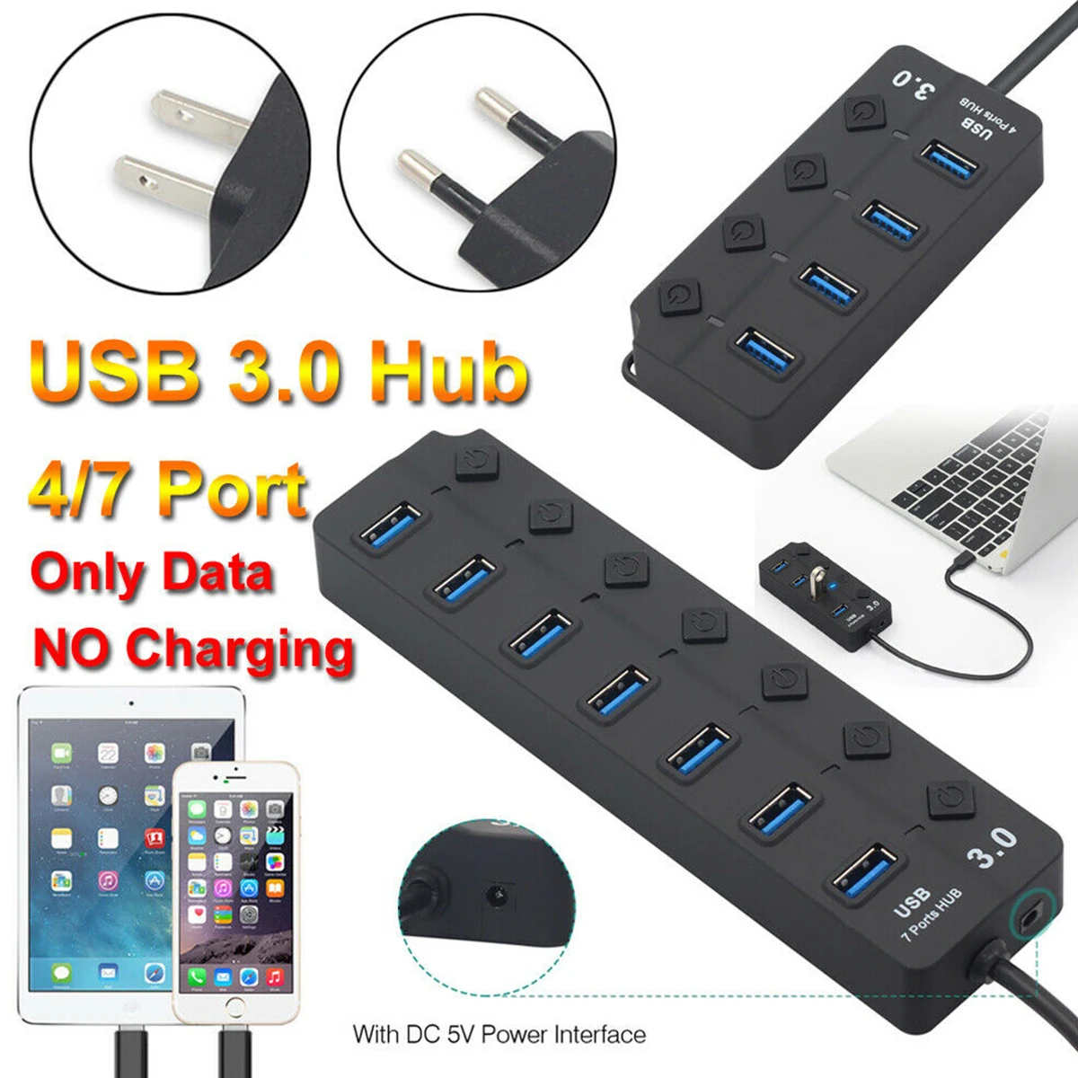 7-Port USB 3.0 Hub Splitter Compact 5Gbps High Speed On/Off Switches Power Adapter for PC Laptop |