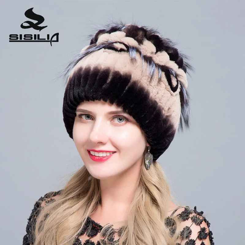 SISILIA 2018 НОВАЯ шапка из меха кролика рекс с лисьим мехом Siliver женская зимняя