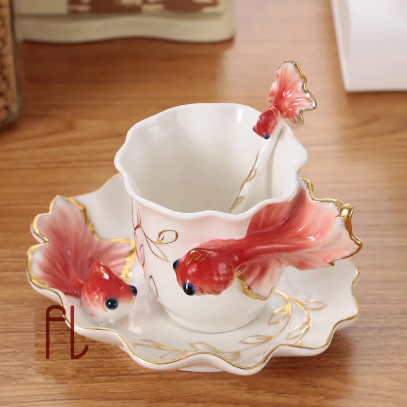 Керамическая 3D золотая рыбка кофейная чашка блюдце ложка набор домашний декор