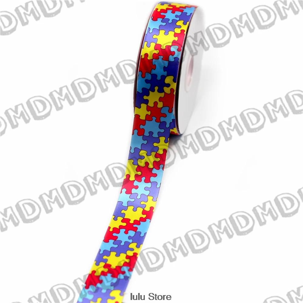 

100 Yards 9mm-75mm Autism Awareness Puzzle printed satin ribbon geometric silk satin ribbon diy handmade gift wrap HT-01709